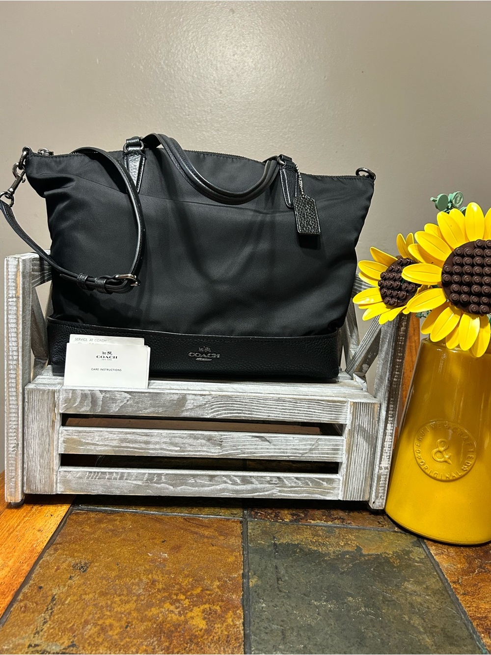 Coach Black Nylon Tote with Pebbled Leather Trim and Removable Strap